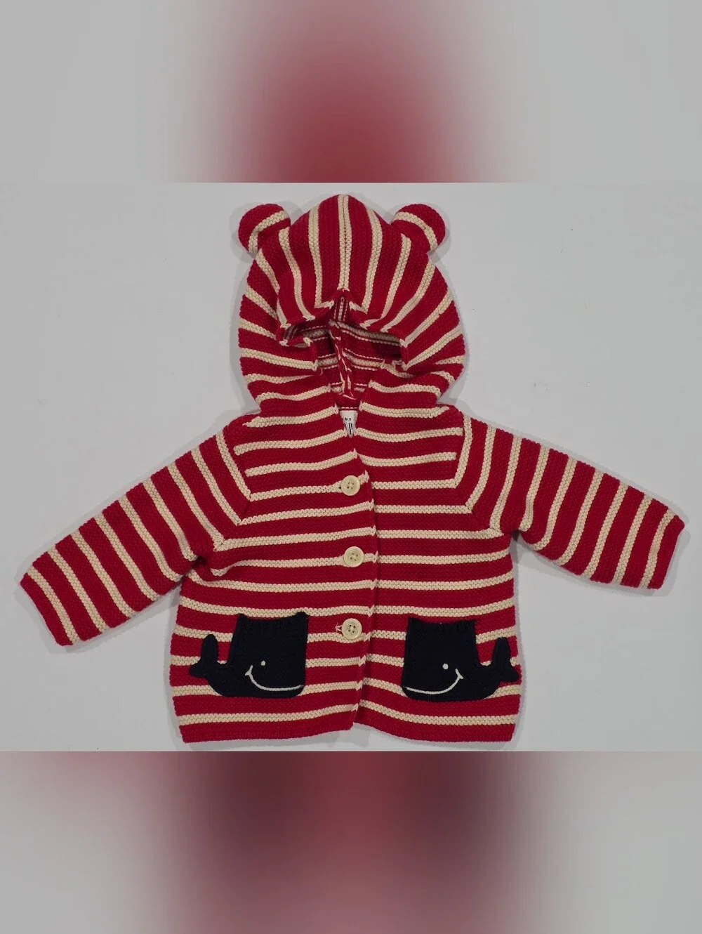 GAP Red and Cream Striped Baby Hooded Cardigan with Whale Pockets 0-3m